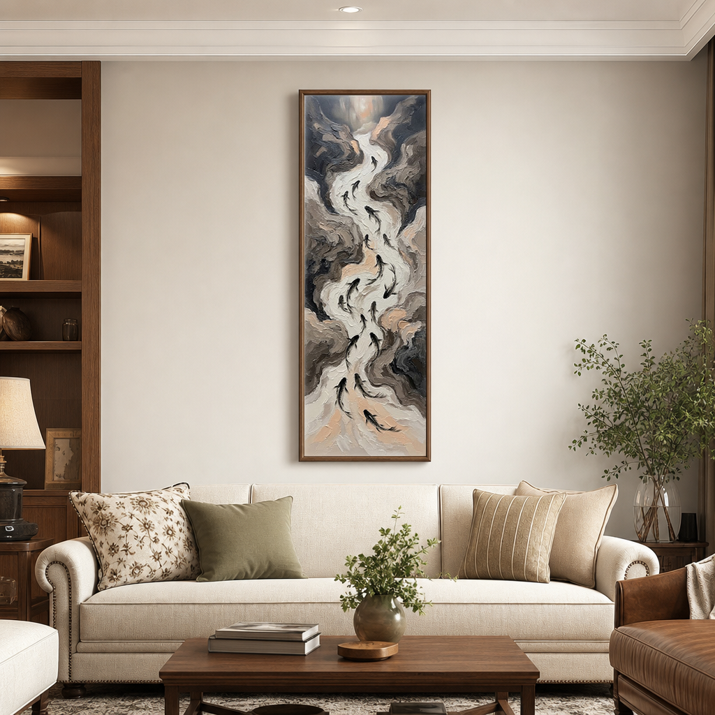 Abstract Koi Fish Stream Vertical Wall Art Textured Impasto Neutral Beige Brown Grey Black Modern Minimalist Canvas for Office Hallway Living Room Bedroom Dining Room