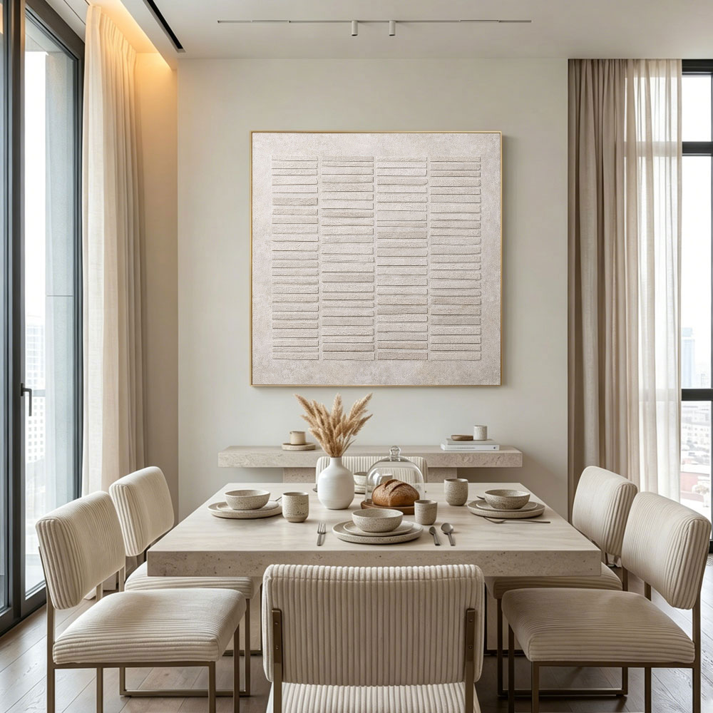 Minimalist Beige Light Grey Geometric Lines Relief Textured Plaster Abstract Wall Art Modern Neutral Decor for Home Office Living Room Bedroom Dining Room Hallway