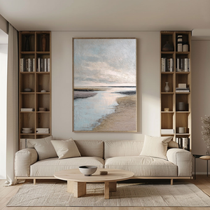 Serene Textured Coastal Horizon Landscape Impasto Wall Art Muted Light Grey Soft Blue Warm Beige Earthy Brown Sand Beach Seaside Calming Ocean Sky Scenery for Modern Living Room Bedroom Office Dining Room Hallway Decor