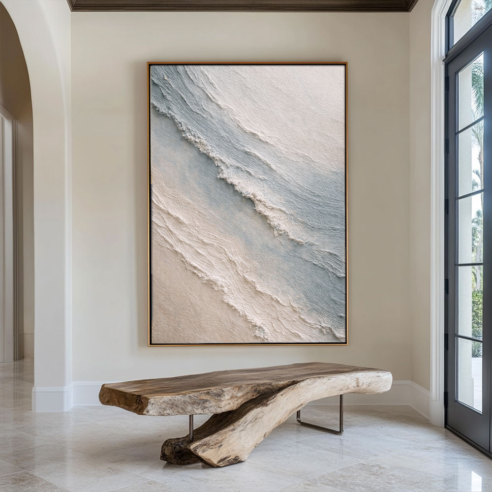 Abstract Blue Beige White Ocean Wave Textured Wall Art Minimalist Modern Frameless Canvas Painting for Living Room Bedroom Office Dining Hallway Neutral Coastal Style Wall Decor