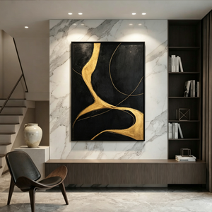 Black White Gold Abstract Impasto Textured Wall Art Modern Elegant Minimalist Bold Brushwork Large Canvas Painting for Contemporary Home Decor