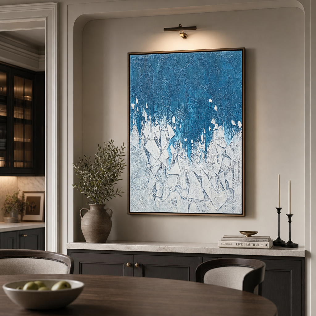 Abstract Geometry And Lines Blue White Textured Plaster-Style Vertical Wall Art For Living Room