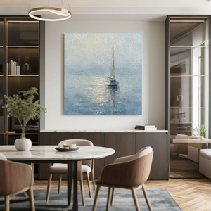 Serene Sailboat at Dawn Coastal Framed Impasto Wall Art, Soft Blue White Beige Gold Nautical Ocean Landscape Painting, Textured Calm Sea Decor for Home Living Room Bedroom Office Dining Room Hallway