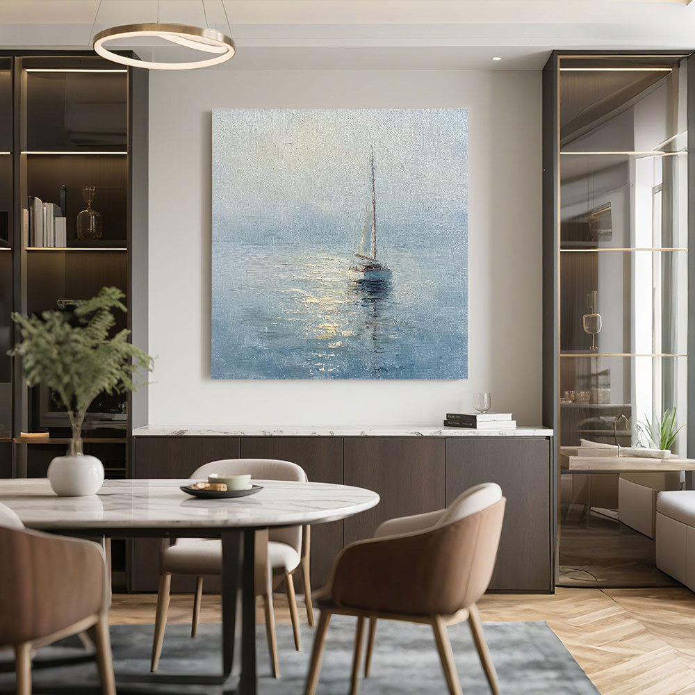Serene Sailboat at Dawn Coastal Framed Impasto Wall Art, Soft Blue White Beige Gold Nautical Ocean Landscape Painting, Textured Calm Sea Decor for Home Living Room Bedroom Office Dining Room Hallway