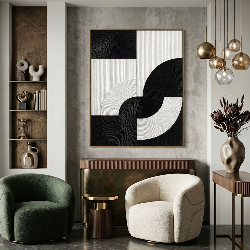 Modern Black and White Geometric Abstract Textured Wall Art, High Contrast Minimalist Block and Curve Design, Thick Monochrome Raised Canvas Artwork for Living Room Bedroom Office Dining Room Hallway
