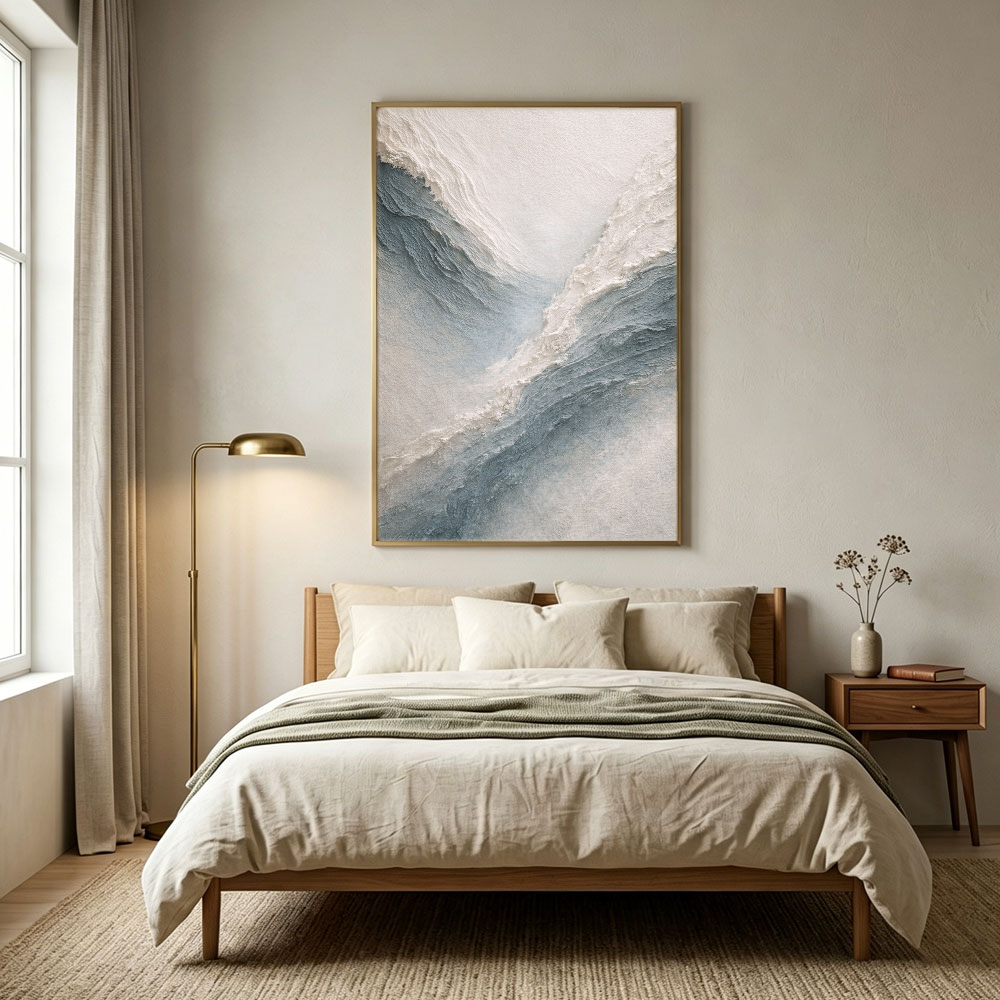 Minimalist Abstract Ocean Wave Textured Impasto Wall Art Blue White Beige Thick Knife Brush Strokes Painting Modern Decor for Home Office