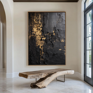 Modern Black and Gold Abstract Textured Wall Art, Thick Impasto Dark Luxury Canvas Painting, Heavy Knife Marks Bold Gold Accent Details Monochrome Rich Tone Artwork for Living Room Bedroom Office Dining Room Hallway