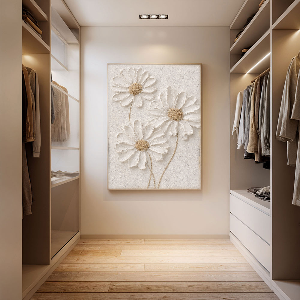 White Daisy 3D Textured Impasto Wall Art, Neutral Beige & White Floral Minimalist Artwork, Modern Farmhouse Plaster-Inspired Living Room Bedroom Decor