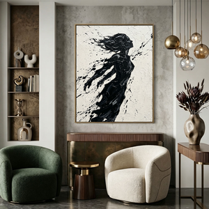 Black and White Textured Impasto Female Silhouette Portrait Canvas Wall Art, Bold Dynamic Black Paint Splatter & Thick Knife/Brush Strokes on Off White Background, High Contrast Modern Artwork for Home & Office Spaces