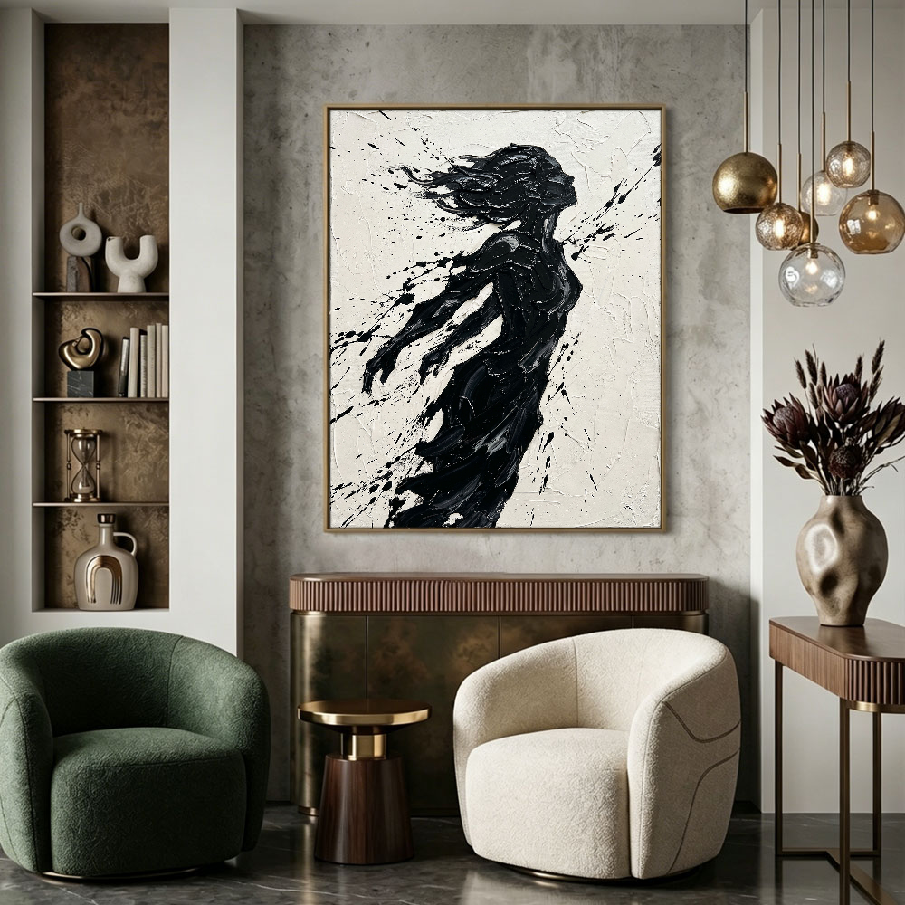 Black and White Textured Impasto Female Silhouette Portrait Canvas Wall Art, Bold Dynamic Black Paint Splatter & Thick Knife/Brush Strokes on Off White Background, High Contrast Modern Artwork for Home & Office Spaces
