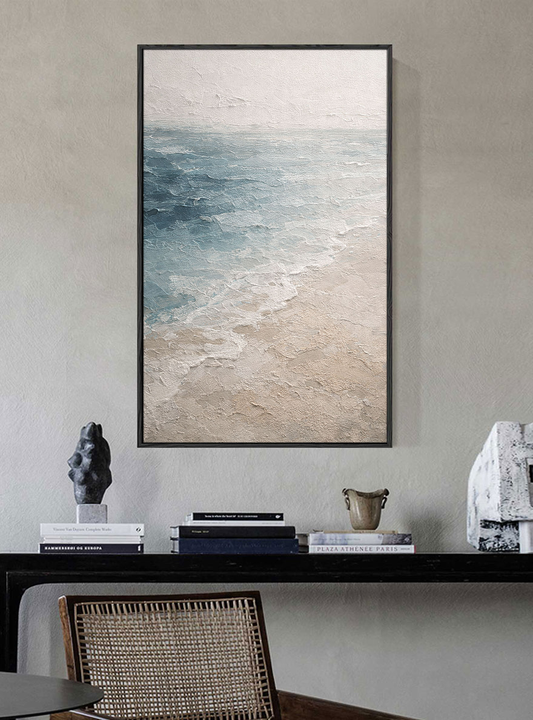 Abstract Textured Ocean Beach Scene Impasto Wall Art, Soft Blue White Beige Coastal Seascape Artwork, Modern Minimalist Sea Sand Sky Painting for Living Room Bedroom Dining Room Office Hallway, Calm Neutral Color Home Decor Wall Hanging
