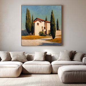 Modern Blue and Beige Tuscan Villa Textured Impasto Painting | Hand-Painted Canvas