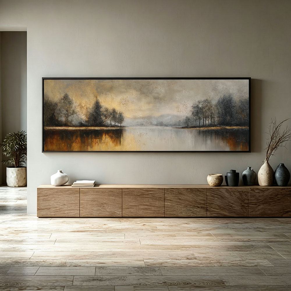 Vintage Landscape Painting of Misty Lake and Trees - Hand-Painted