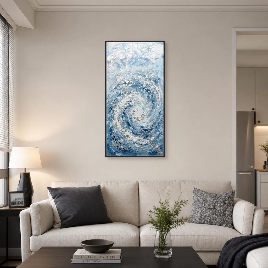 Modern Abstract Blue White Textured Ocean Swirl Impasto Wall Art Coastal Framed Canvas Painting for Living Room Bedroom Office Hallway Dining Room Thick Knife Brush Marks Relaxing Nautical Decor