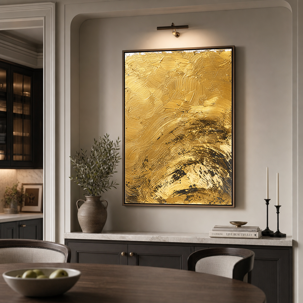 Abstract Gold and Black Textured Acrylic-Style Vertical Wall Art for Living Room