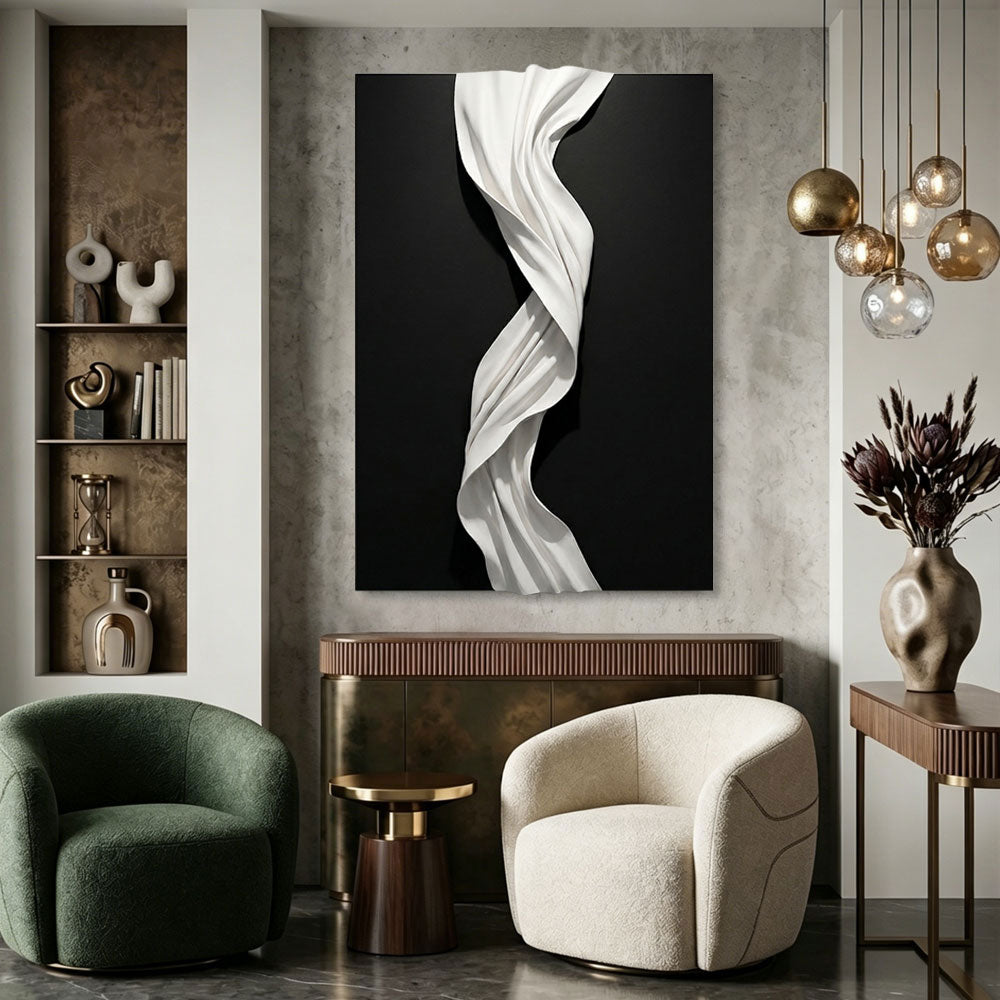 Black and White Abstract 3D Twisted Wave Minimalist Modern Textured Wall Art Elegant Monochrome Decor for Contemporary Home and Office Interiors