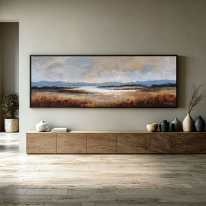 Vintage Landscape Wall Art - Panoramic Muted Marshland Acrylic Painting
