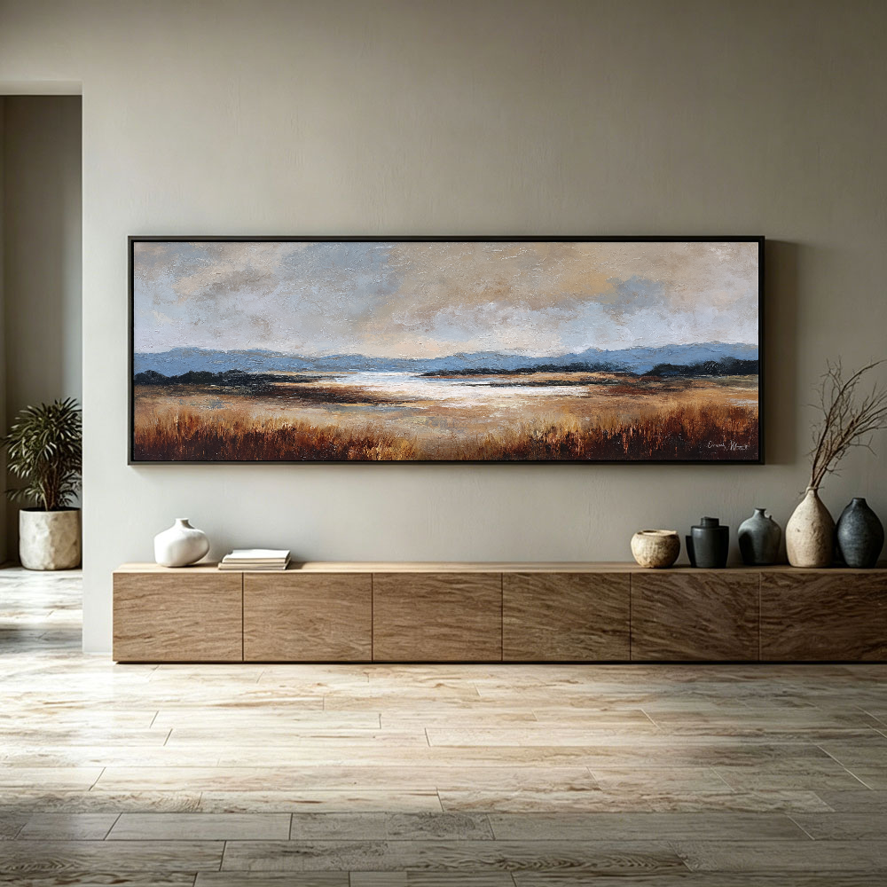 Vintage Landscape Wall Art - Panoramic Muted Marshland Acrylic Painting