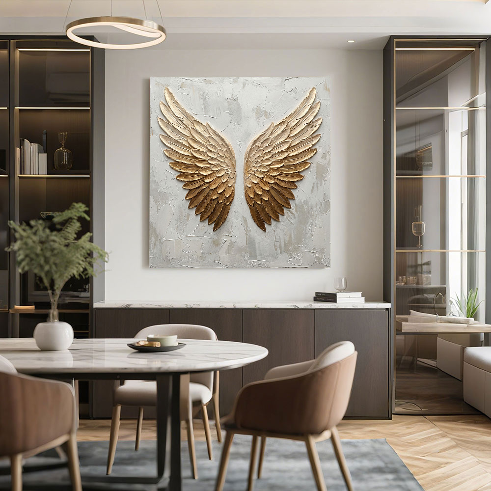 Luxury 3D Golden Angel Wings Textured Wall Art, Elegant Neutral White Beige Relief Artwork, Modern Stylish Home Decor Hanging Piece for Living Room Bedroom Office Hallway Dining Room, Sophisticated Accent Art