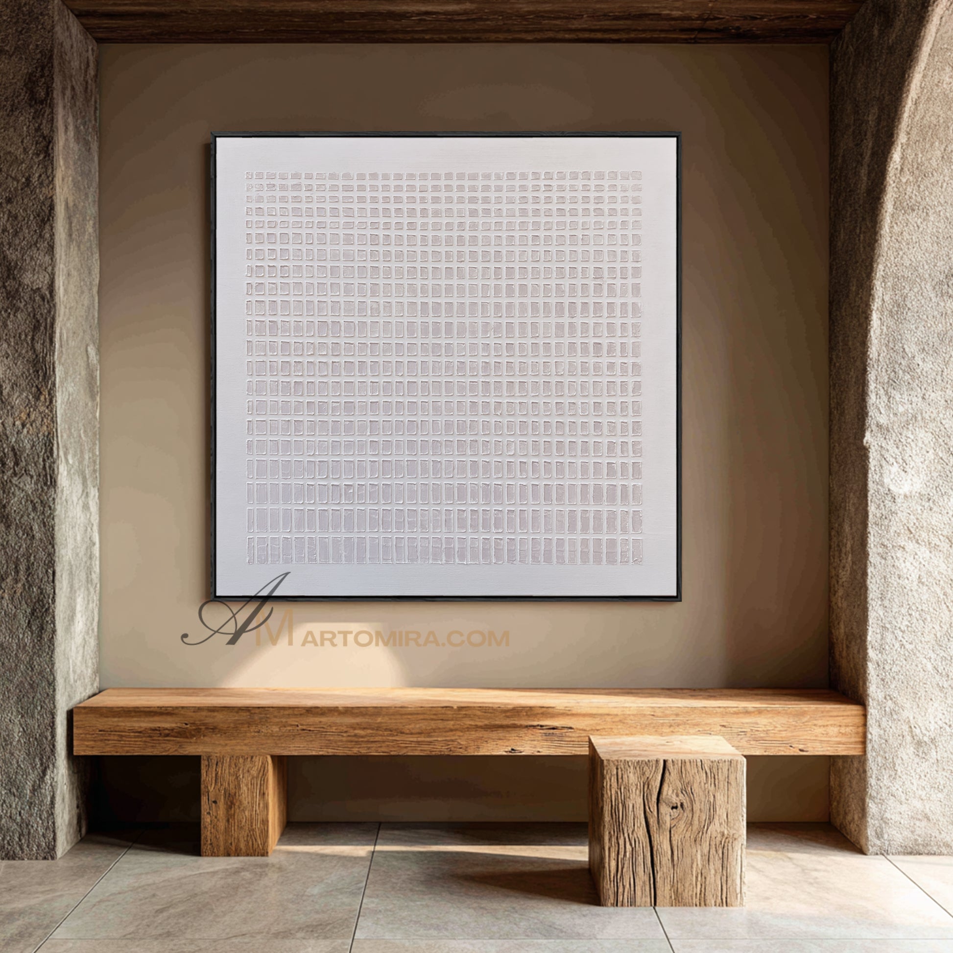 Wabi-Sabi Minimalist White Textured Painting | Modern Geometric Grid Canvas | Serene Abstract Wall Art | Minimal Home Decor