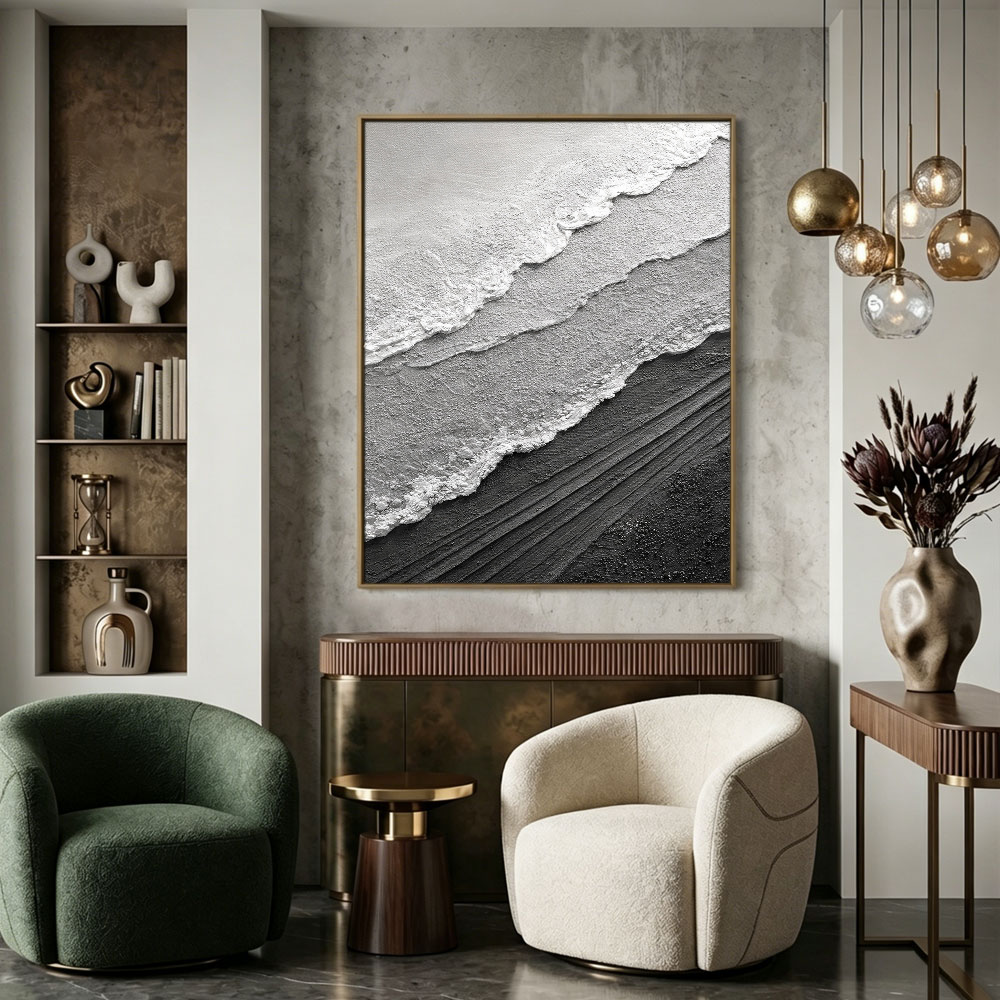 Black and White Abstract Textured Ocean Wave Wall Art Minimalist Monochrome Thick Knife Paint Coastal Scene Canvas Artwork for Modern Home Decor