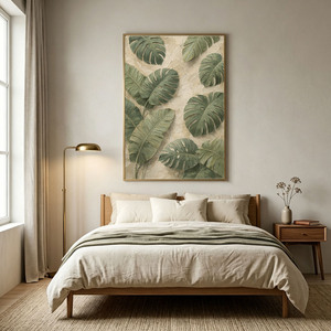 Tropical Green Monstera Banana Leaves Textured Impasto Wall Art for Living Room, Neutral Beige Background Large Botanical Painting, Modern Minimalist Plant Canvas Artwork for Bedroom Dining Room Office Hallway Home Decor