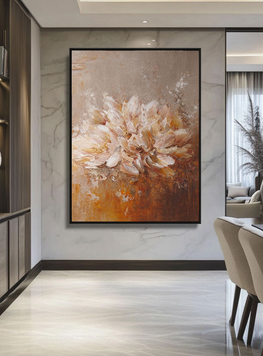 Elegant Vintage Soft Pink Beige Brown Floral Textured Wall Art, Muted Impasto Flower Bouquet Canvas Artwork for Cozy Home Decor, Perfect for Living Room Bedroom Dining Room Hallway Office