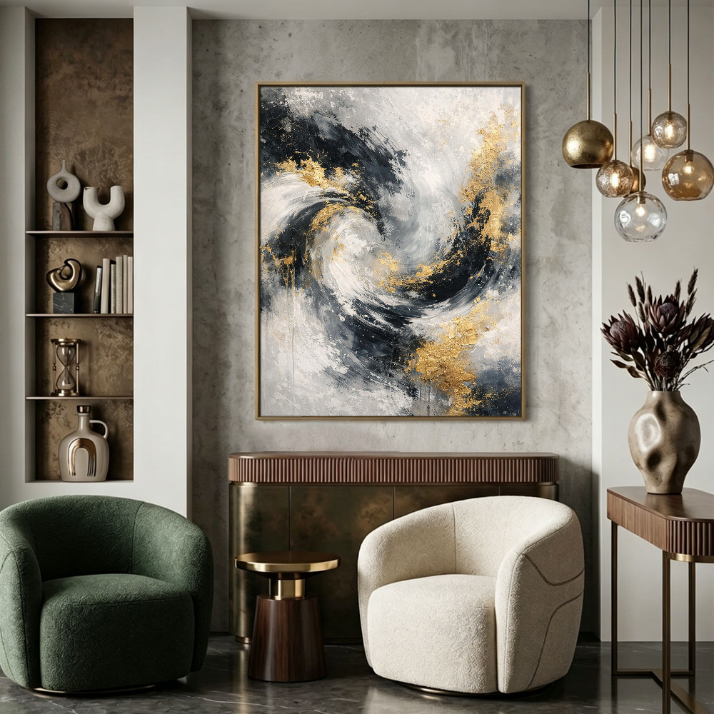 Elegant Modern Abstract Swirling Black White Dark Grey Light Gold Textured Wall Art Thick Paint Knife Marks Contemporary Bold Contrast Artwork for Sophisticated Home and Office Decor