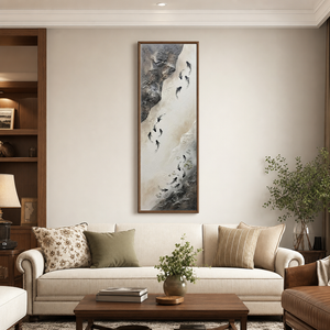 Minimalist Textured Koi Fish Vertical Framed Wall Art, Neutral Black White Beige Dark Grey Swimming Fish Nature Inspired Artwork for Modern Home Decor