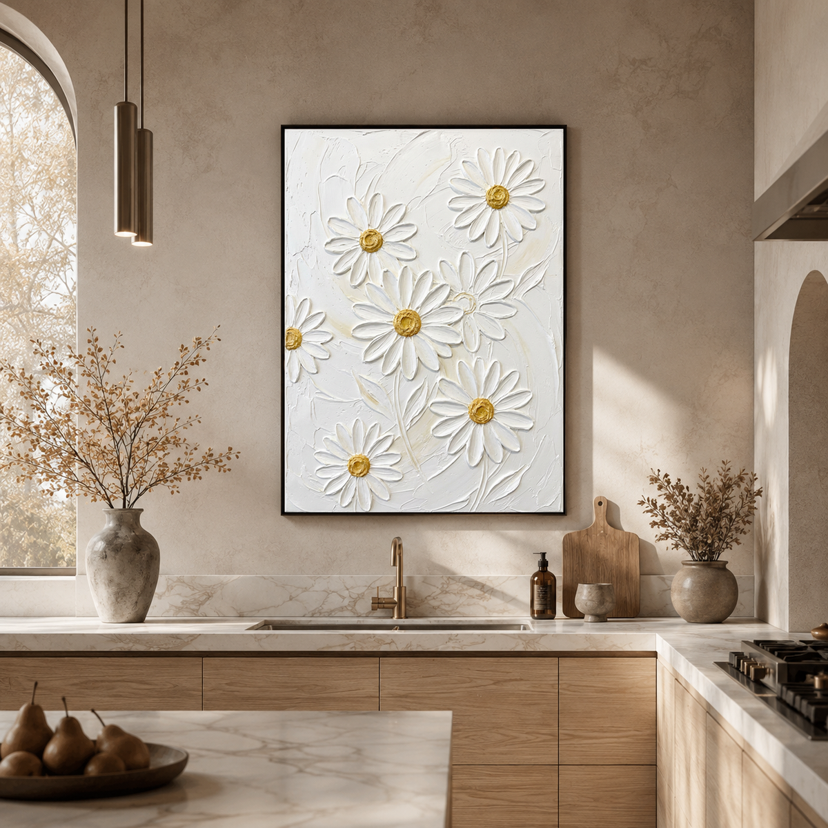 White and Gold Flower and Tree Textured Acrylic-Style 3D Relief Vertical Wall Art for Living Room Bedroom