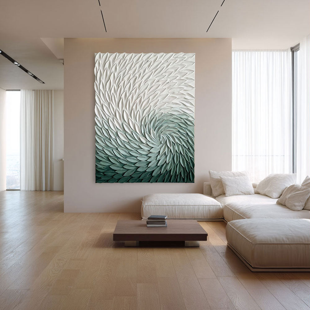 3D Green White Spiral Abstract Textured Wall Art Modern Minimalist Thick Relief Plume Leaf-like Decor for Home Office Dining Bedroom Living Room Hallway Large Canvas Unframed Contemporary Artwork