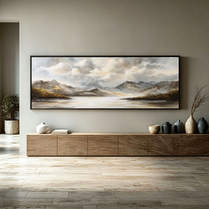 Large Framed Neutral Mountain Lake Landscape Wall Art Cloudy Sky Nature Scenery Canvas Textured Abstracted Earthy Tones Wall Decor for Modern Living Room Bedroom Dining Room Office Hallway