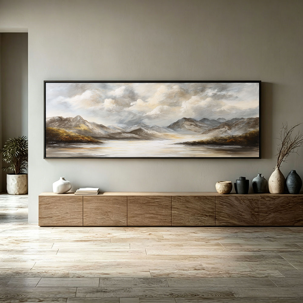 Large Framed Neutral Mountain Lake Landscape Wall Art Cloudy Sky Nature Scenery Canvas Textured Abstracted Earthy Tones Wall Decor for Modern Living Room Bedroom Dining Room Office Hallway