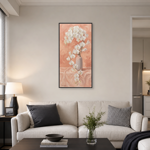 Elegant White Orchid Flower in Soft Light Grey Vase on Blush Pink Textured Background Framed Canvas Wall Art - Botanical Still Life Painting with Thick Impasto Brushstrokes for Modern Minimalist Living Room Bedroom Office Home Decor