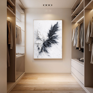 Black White Dark Grey Light Grey Impasto Textured Abstract Floral Leaf Wall Art for Living Room Office Bedroom Dining Room Hallway, Thick Knife Brush Paint Stacking, Modern Minimalist Contrast Monochrome Home Decor