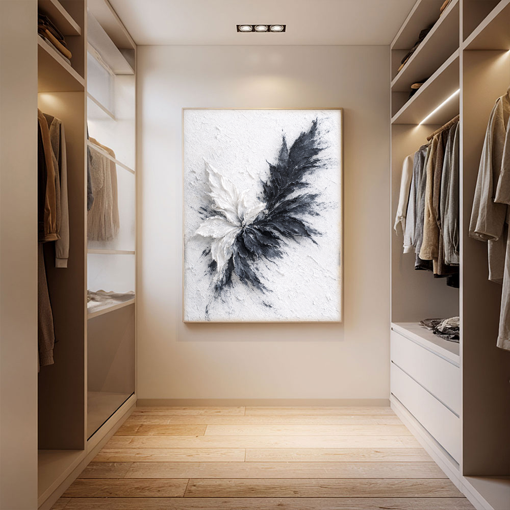 Black White Dark Grey Light Grey Impasto Textured Abstract Floral Leaf Wall Art for Living Room Office Bedroom Dining Room Hallway, Thick Knife Brush Paint Stacking, Modern Minimalist Contrast Monochrome Home Decor