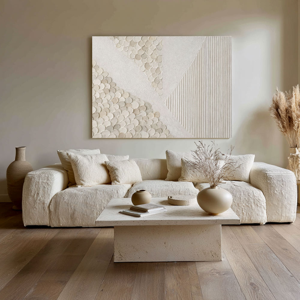 Minimalist Abstract Textured Geometric Wall Art, Neutral Beige White Light Grey Wall Decor with Asymmetrical 3D Relief Circles & Lines, Modern Wabi Sabi Wall Art for Living Room Bedroom Office Dining Room Hallway