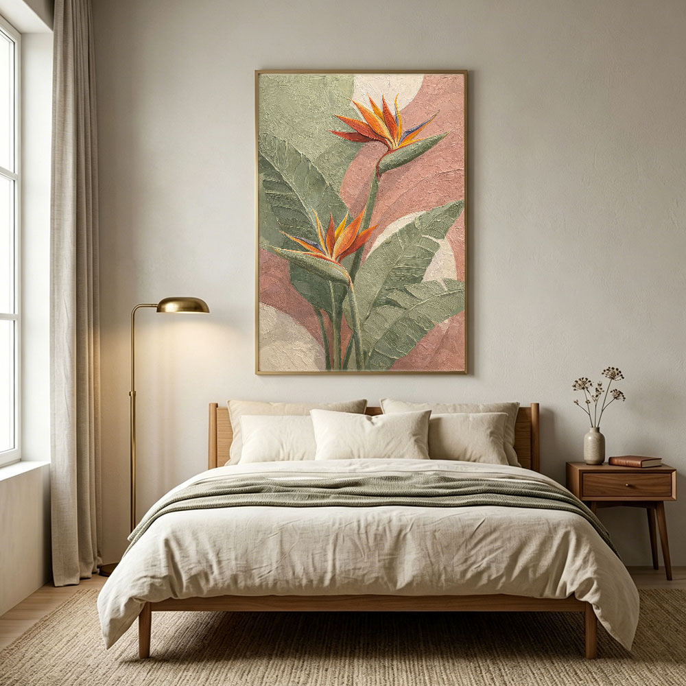 Tropical Bird of Paradise Flower Textured Wall Art, Soft Pink Green White Curved Background Modern Minimalist Botanical Canvas Print, Vibrant Orange Accent Framed Plant Painting for Home Decor