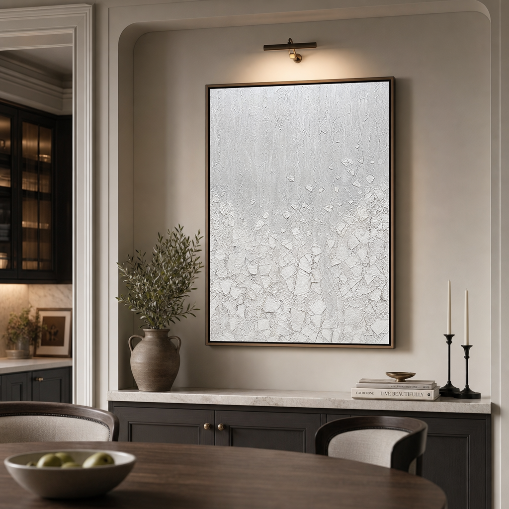 White Light Gray Textured Minimalist Abstract Vertical Wall Art for Living Room