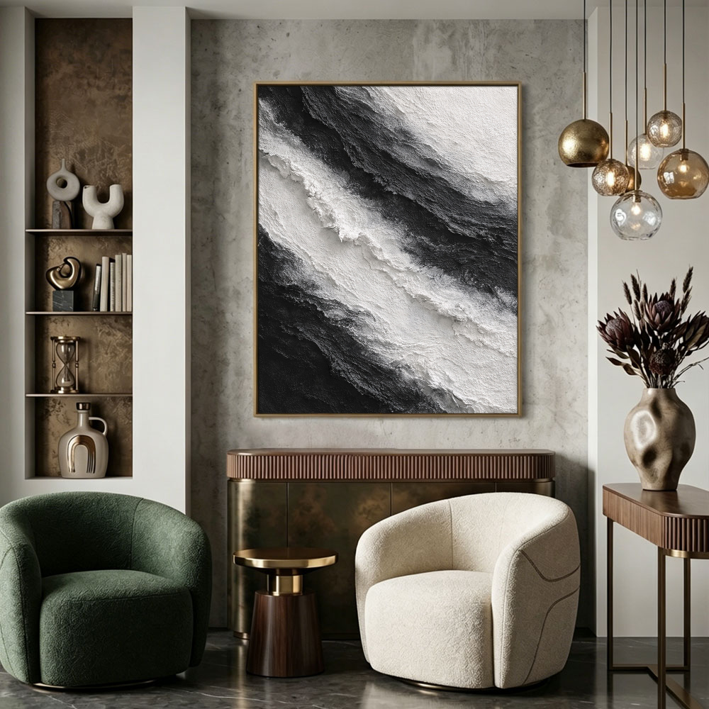 Black and White Abstract Textured Impasto Wall Art for Modern Minimalist Spaces – Monochrome Bold Waves Thick Knife Marks Artwork for Living Room Bedroom Office Dining Hallway Decor