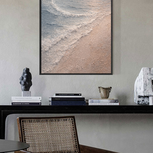 Textured Ocean Sunset Coastal Wall Art, Thick Impasto Painting for Modern Home Decor, Calm Beach Landscape with Beige Sand Blue Ocean White Waves and Soft Orange Sun, Warm Minimalist Coastal Artwork