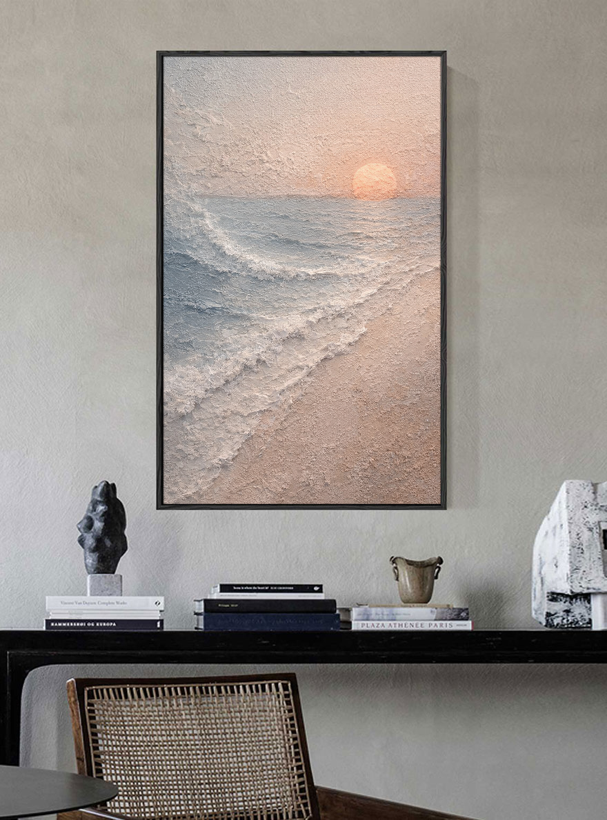 Textured Ocean Sunset Coastal Wall Art, Thick Impasto Painting for Modern Home Decor, Calm Beach Landscape with Beige Sand Blue Ocean White Waves and Soft Orange Sun, Warm Minimalist Coastal Artwork