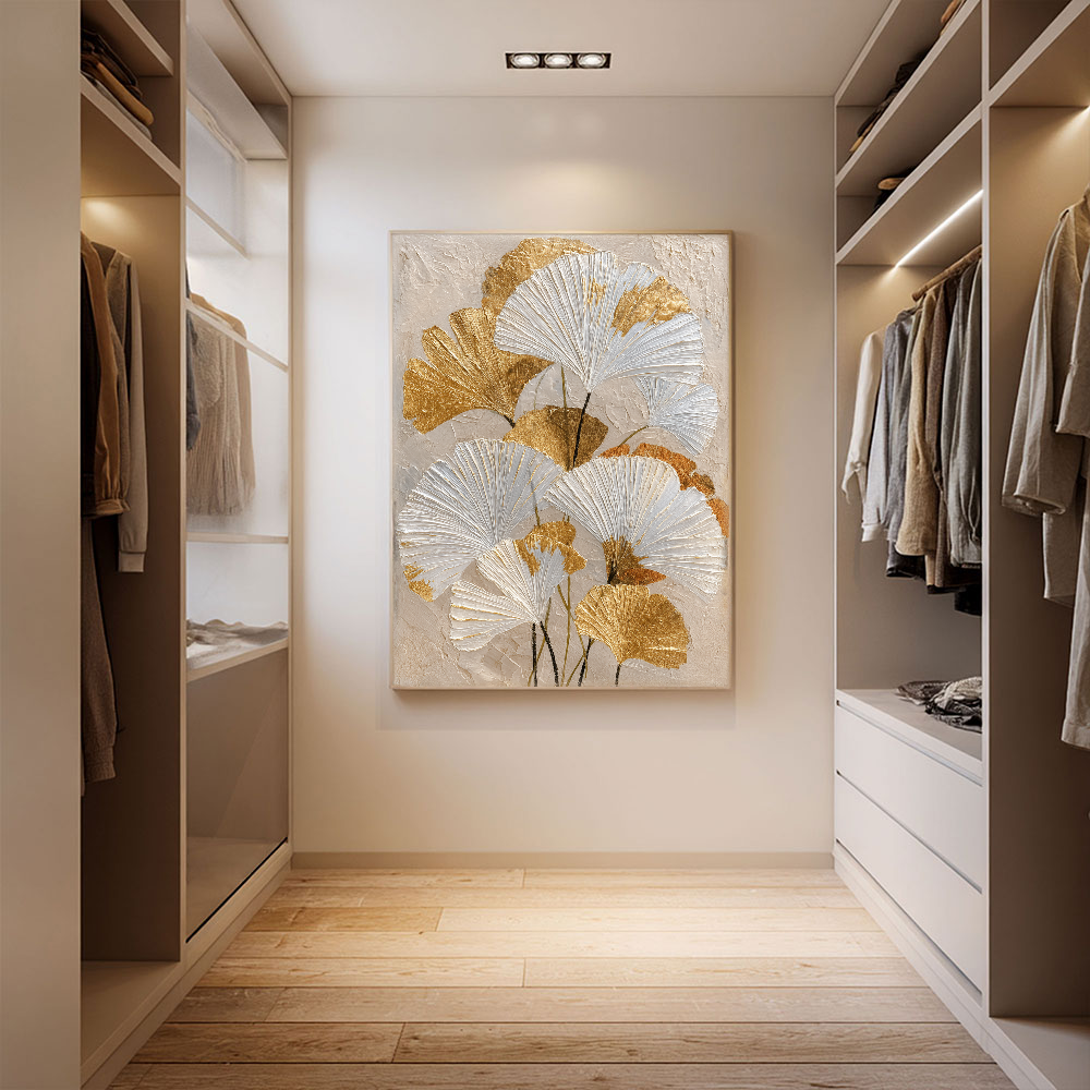 Elegant Textured Gold and White Ginkgo Leaves Floral Wall Art for Modern Home Decor, Botanical Print with Thick Impasto Paint Texture, Beige Background Wall Hanging for Living Room Bedroom Dining Room Office Hallway