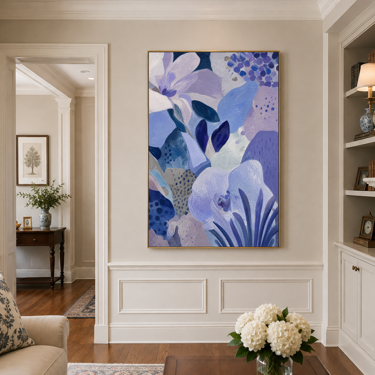 Abstract Floral Geometry Canvas Wall Art Purple Blue White Textured Modern Vibrant Painting for Living Room Bedroom Office Dining Room Hallway Contemporary Home Decor