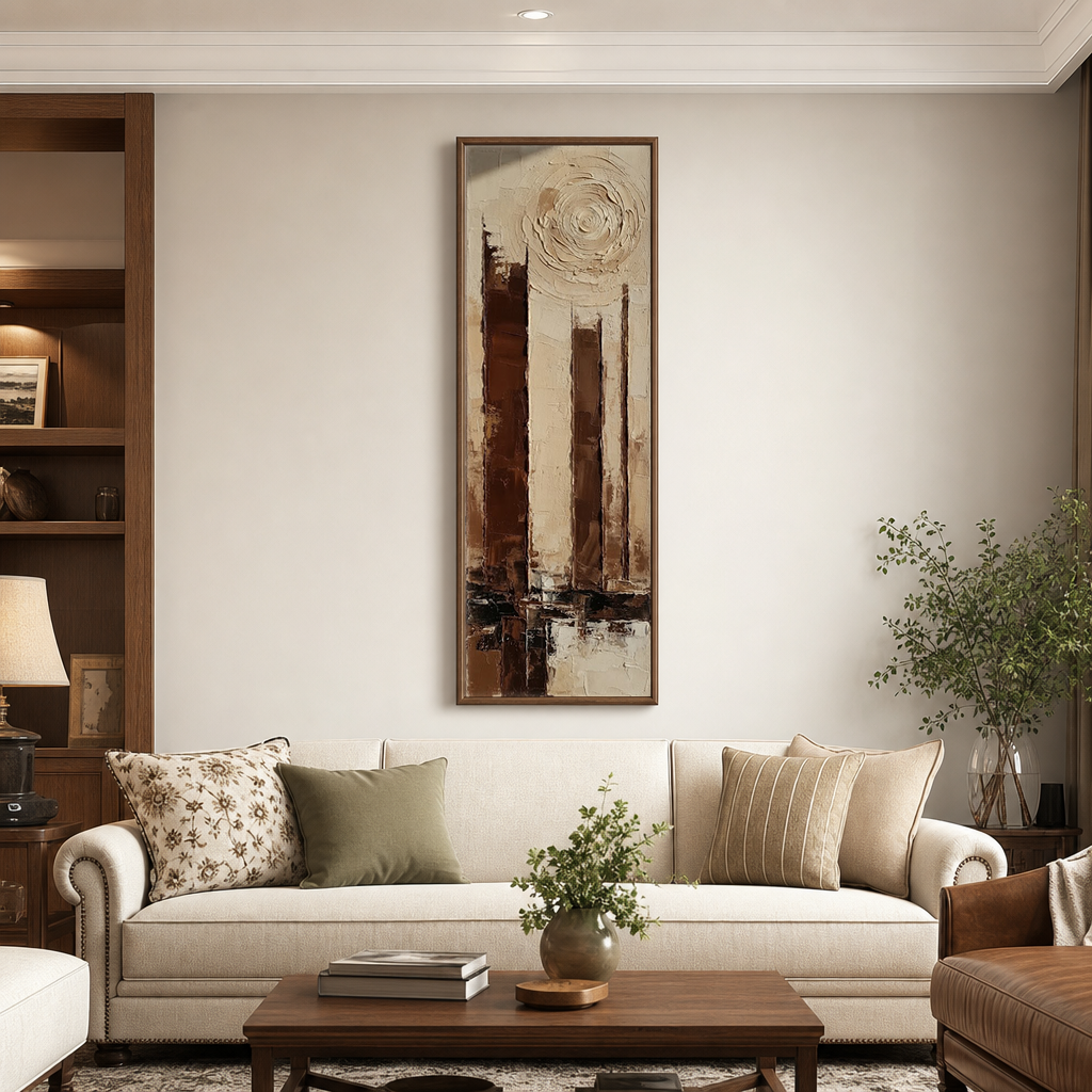 Tall Narrow Abstract Urban Landscape Impasto Wall Art Textured Brown Beige Black White Vertical Framed Artwork for Modern Living Room Office Hallway Bedroom Dining Room