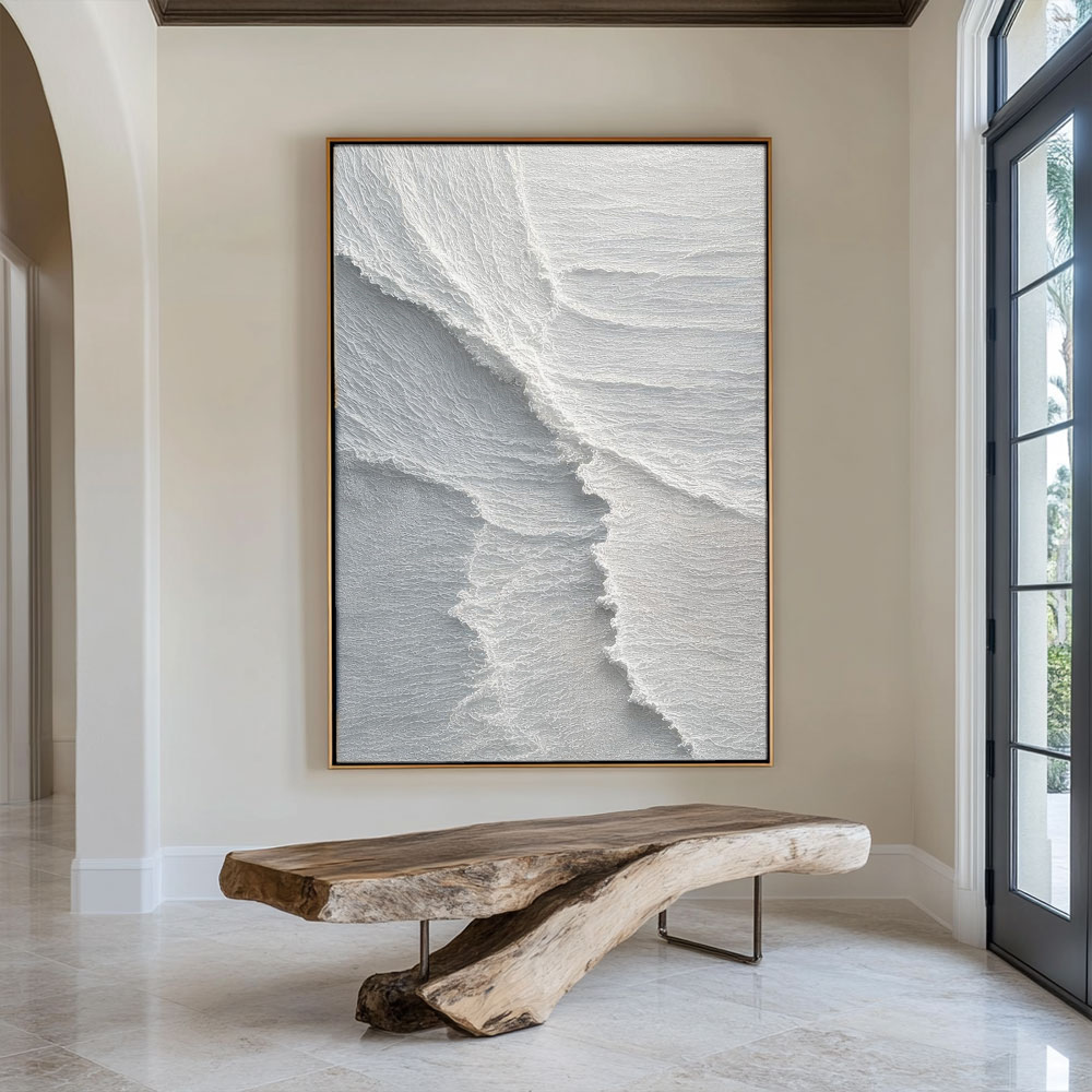 Minimalist Abstract White Light Grey Textured Impasto Wall Art – Soft Layered Neutral Waves Calming Modern Home Decor for Contemporary Office, Hallway, Bedroom, Living Room & Dining Room