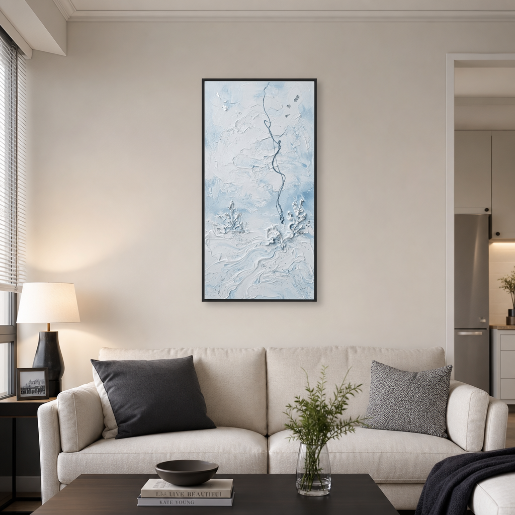 Minimalist Light Blue White Abstract Textured Ocean-inspired Framed Wall Art for Modern Living Room Bedroom Dining Room Hallway Office