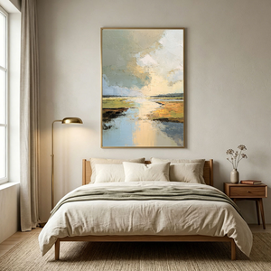 Abstract Landscape Textured Impasto Wall Art, Soft Beige Green Blue White Canvas Painting, Large Calm Nature Scenery Artwork for Living Room Bedroom Office, Modern Minimalist Home Decor Framed or Unframed