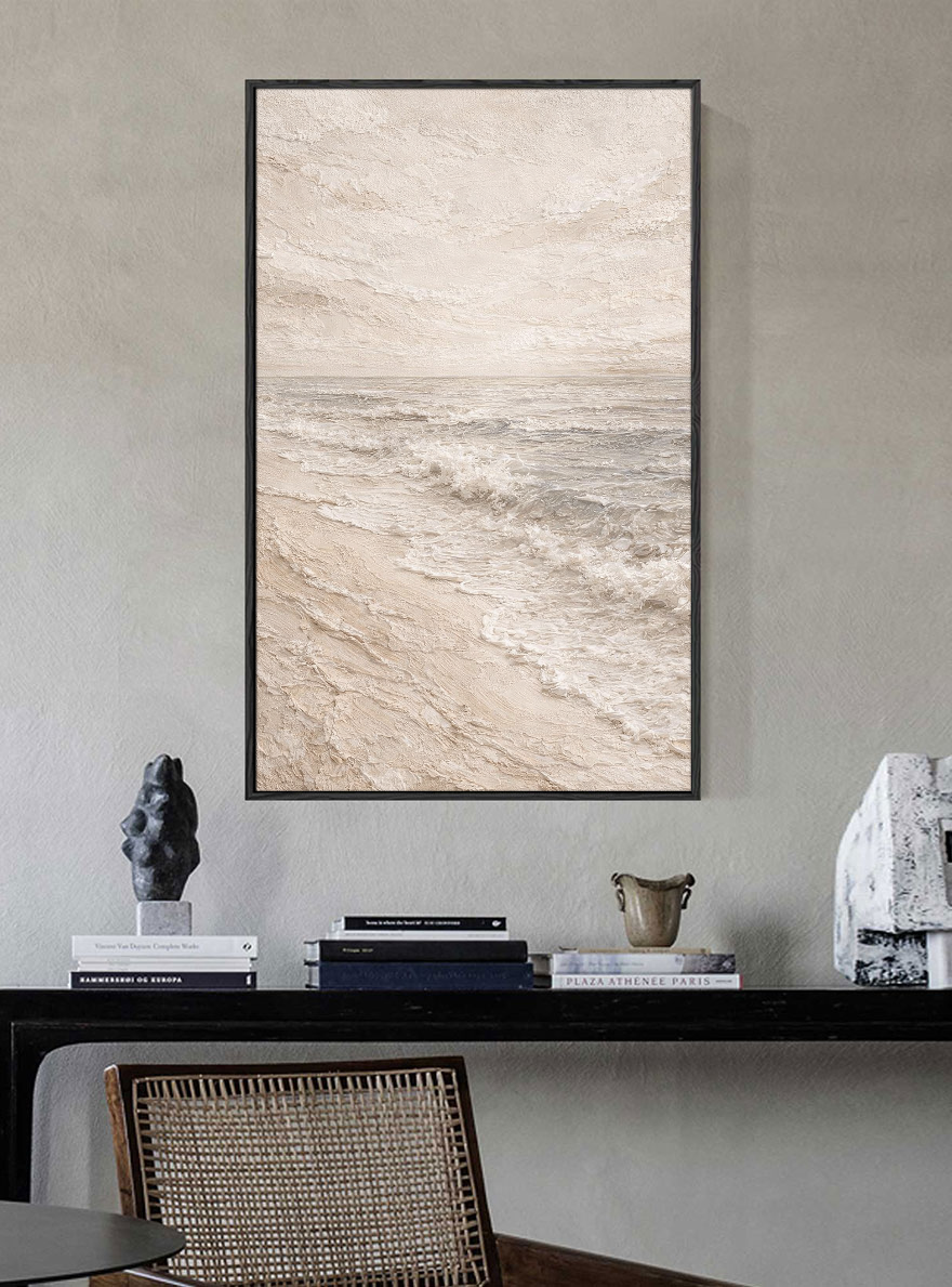 Minimalist Neutral Ocean Wave Textured Wall Art Beige White Grey Abstract Beach Scene Impasto Painting Coastal Artwork for Living Room Bedroom Dining Room Office Hallway