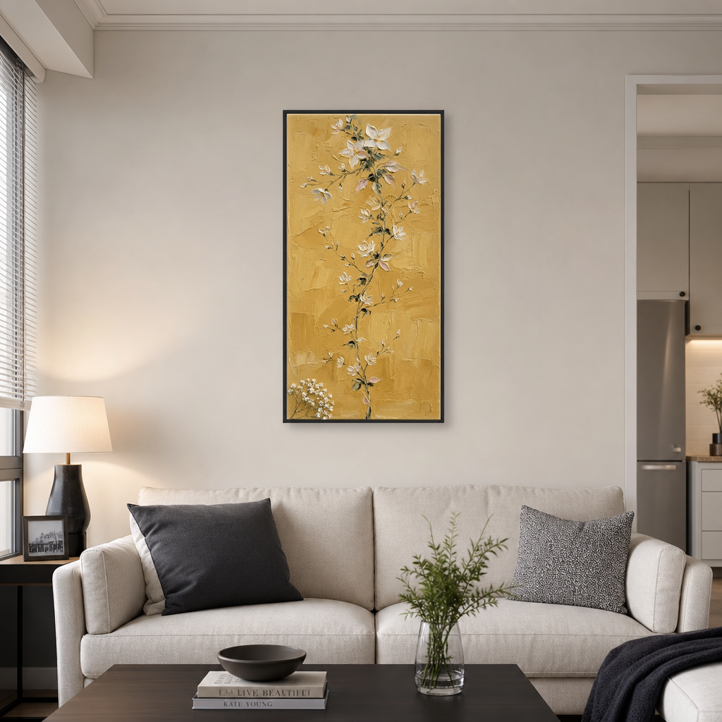 Golden Mustard Floral Vine with Impasto Texture in living room